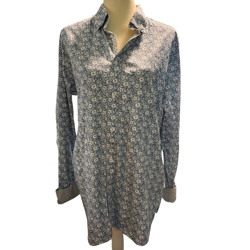 Ted Baker Blue & White Floral Print Button Front Shirt, Stretch, Men's Large